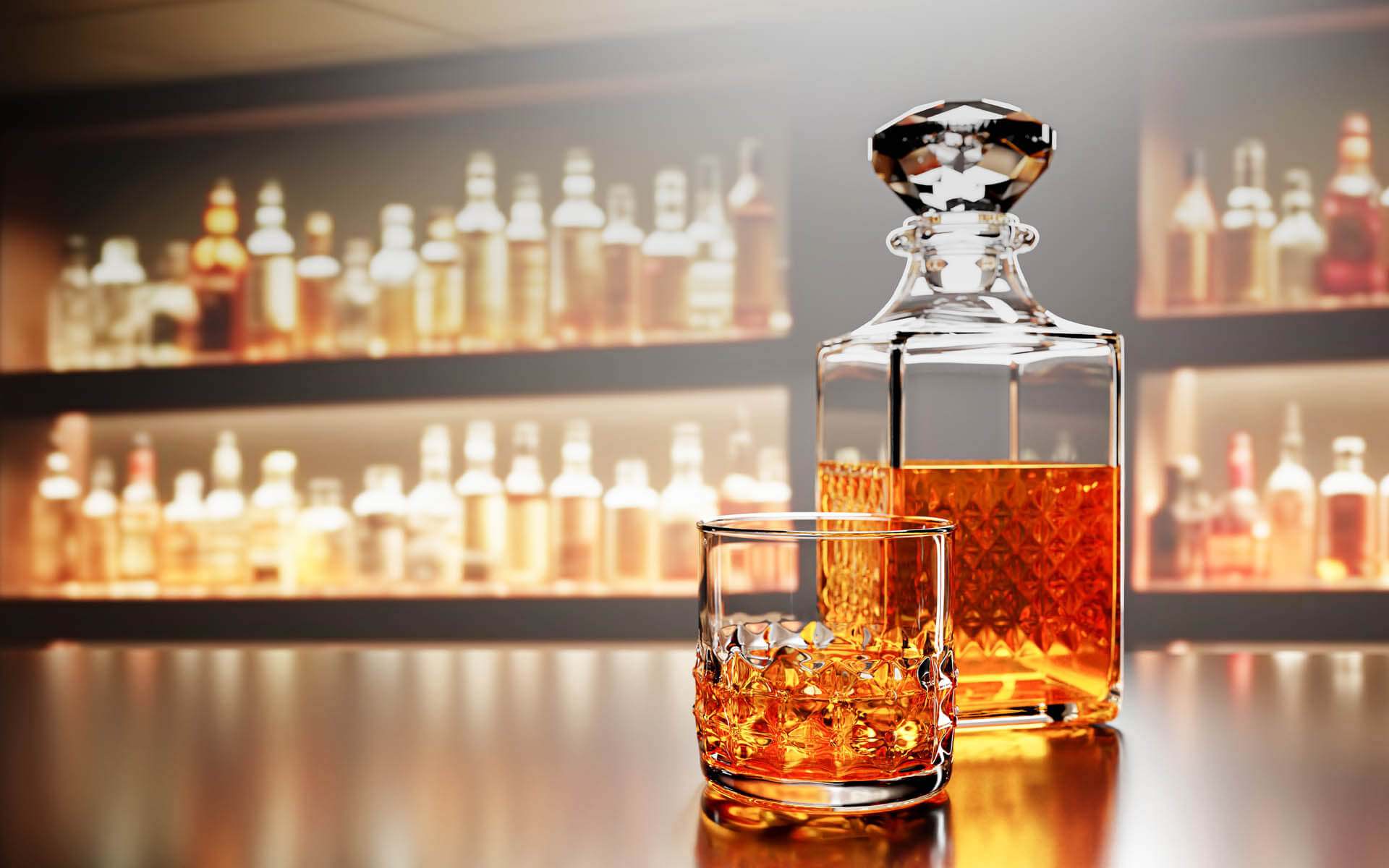 Brandy or whiskey in decanter and glass with ice on bar